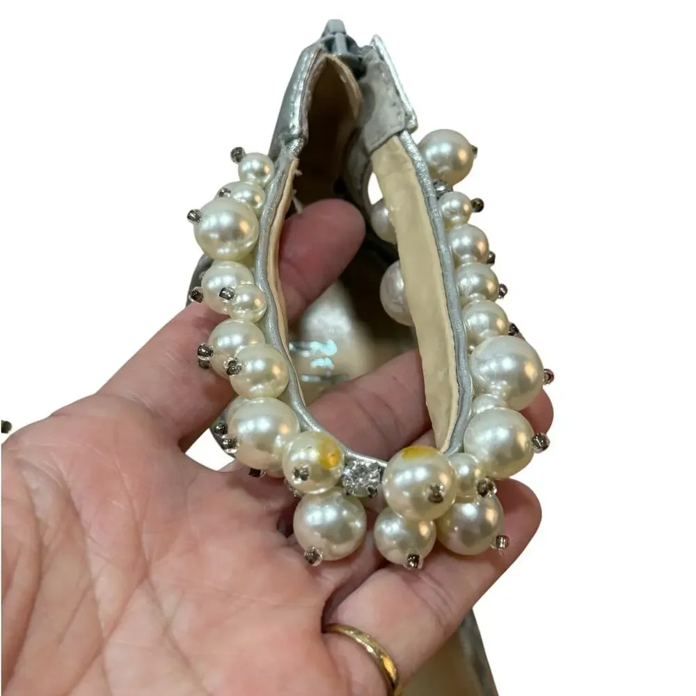 Blue by Betsey Johnson Fay Silver Pearl Rhinestone Heels Size 8.5 Bridal Wedding